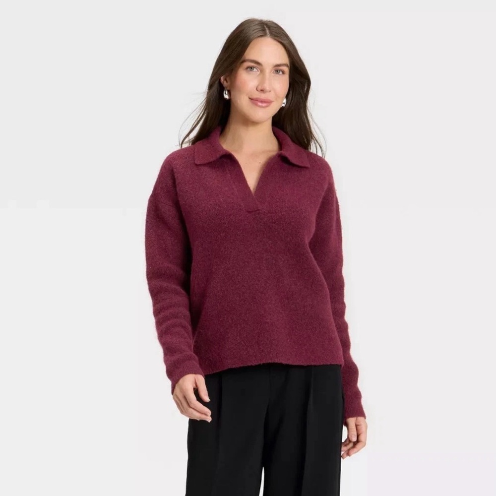 A New Day Polo Collar Knit Pullover Burgundy Sweater. Size M